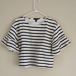 Lage J. Crew Striped Shirt Top With Navy And Cream Stripes And Ruffle Sleeves
